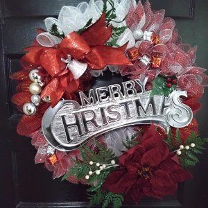 Merry Christmas Wreath, 18 inches, the wreath lady, red and silver theme